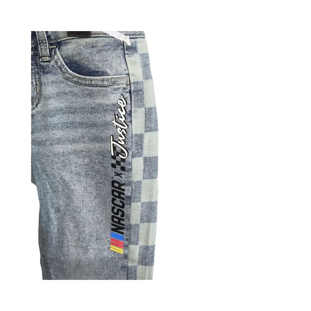 Justice x NASCAR Girls Flare Jeans Light Wash Checkered Side Bandana Size 7